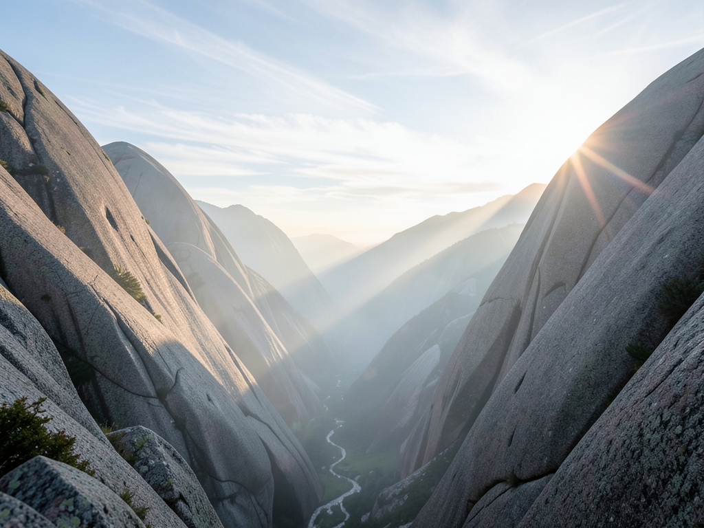 misty mountain valley dawn pale light breaking through