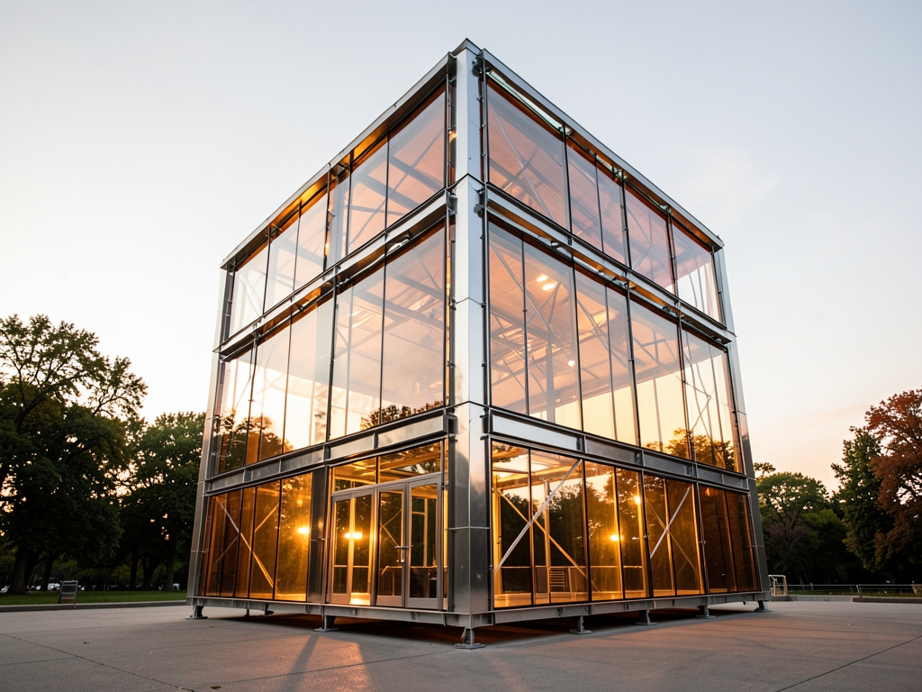 modern glass and steel pavilion golden hour soft amber light