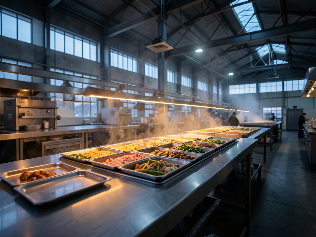 Vast industrial kitchen hall dusk long steel counters
