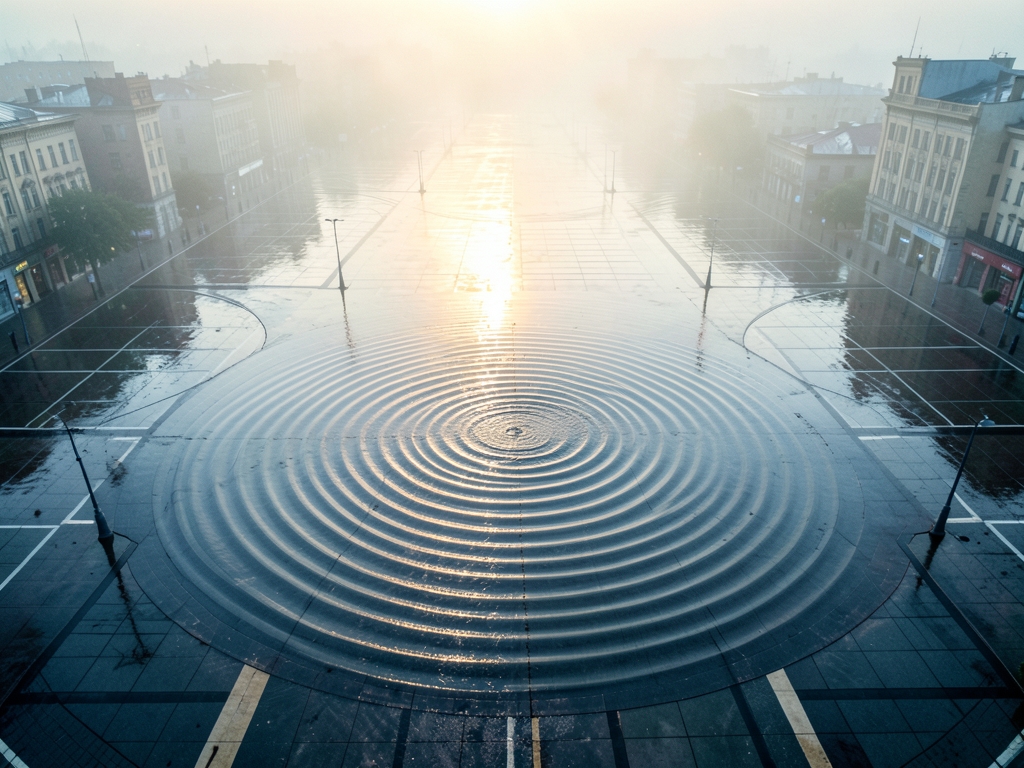 Aerial view concentric ripples spreading across rain slicked city