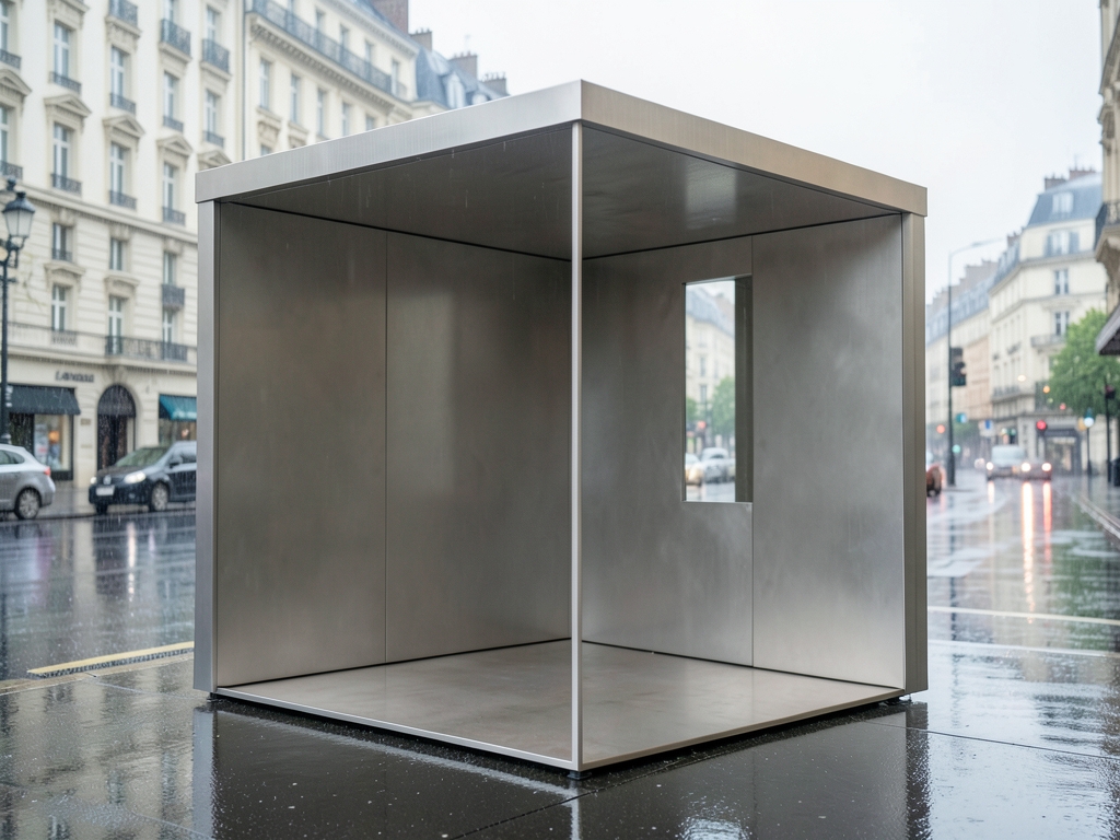 Minimal photography pavilion with sheltered neutral interior rainwashed