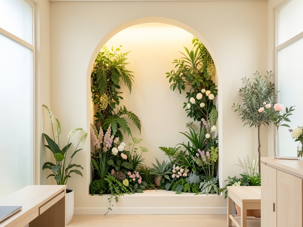 Quiet portrait studio with softly ivory alcove lush