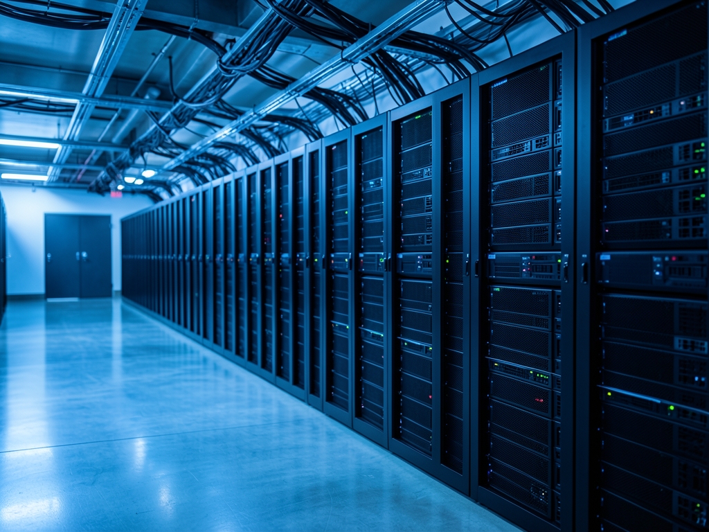 Rows black server racks cool blue lit data center