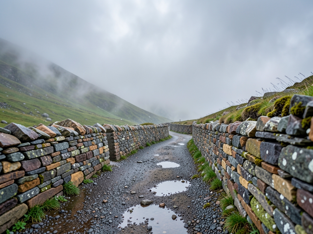 misty mountain trail bordered precisely stacked stone walls