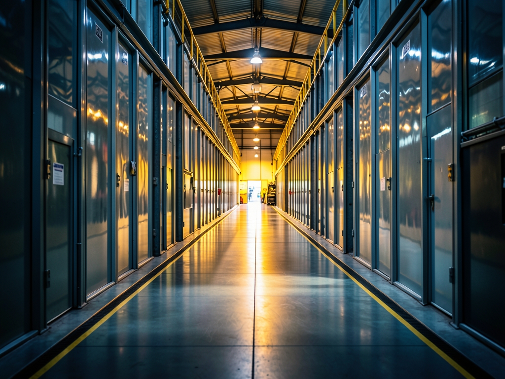 Long factory aisle leading toward glowing assembly area