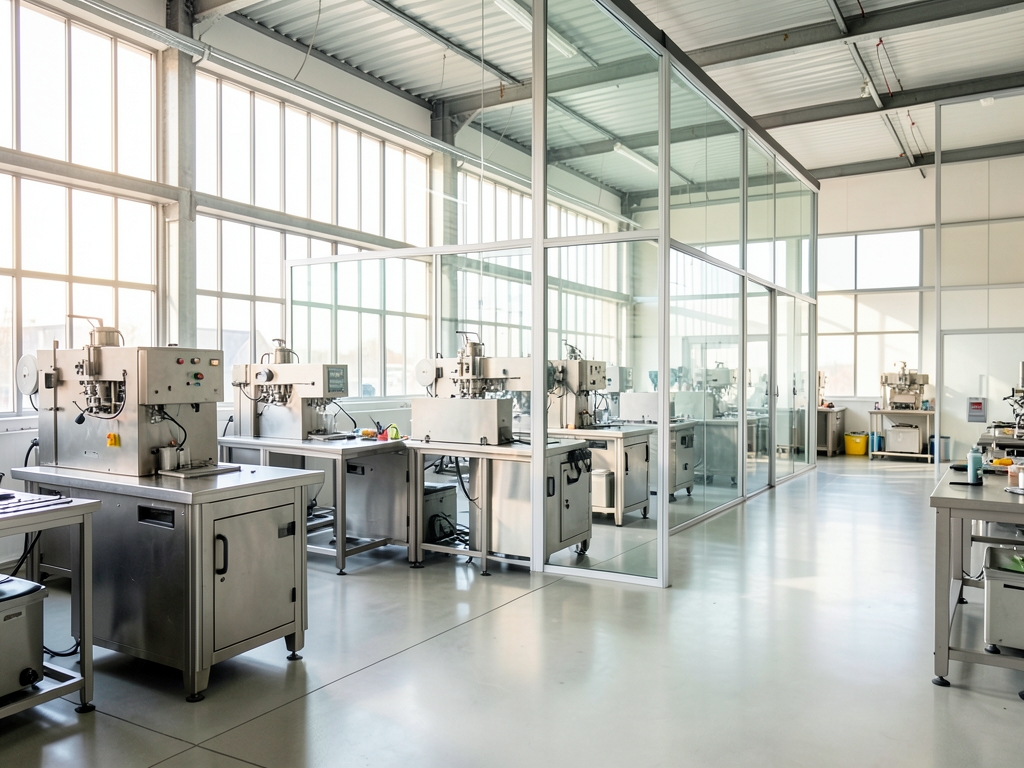Spacious bright factory training hall with steel machines