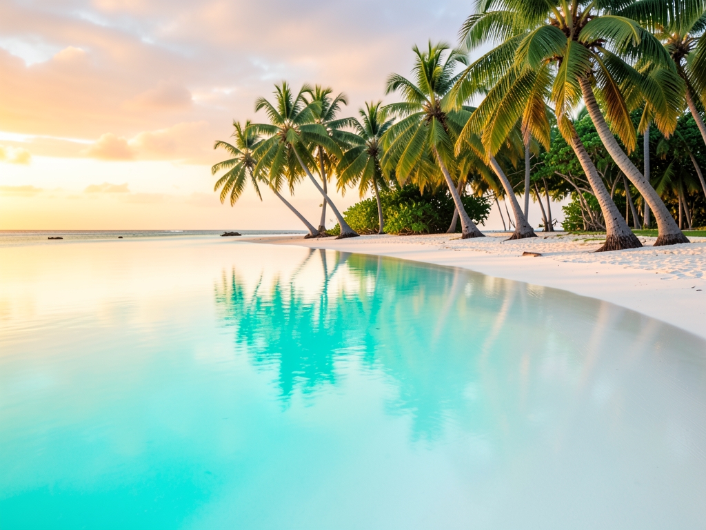 Ultra smooth tropical shoreline with flawless turquoise water evenly
