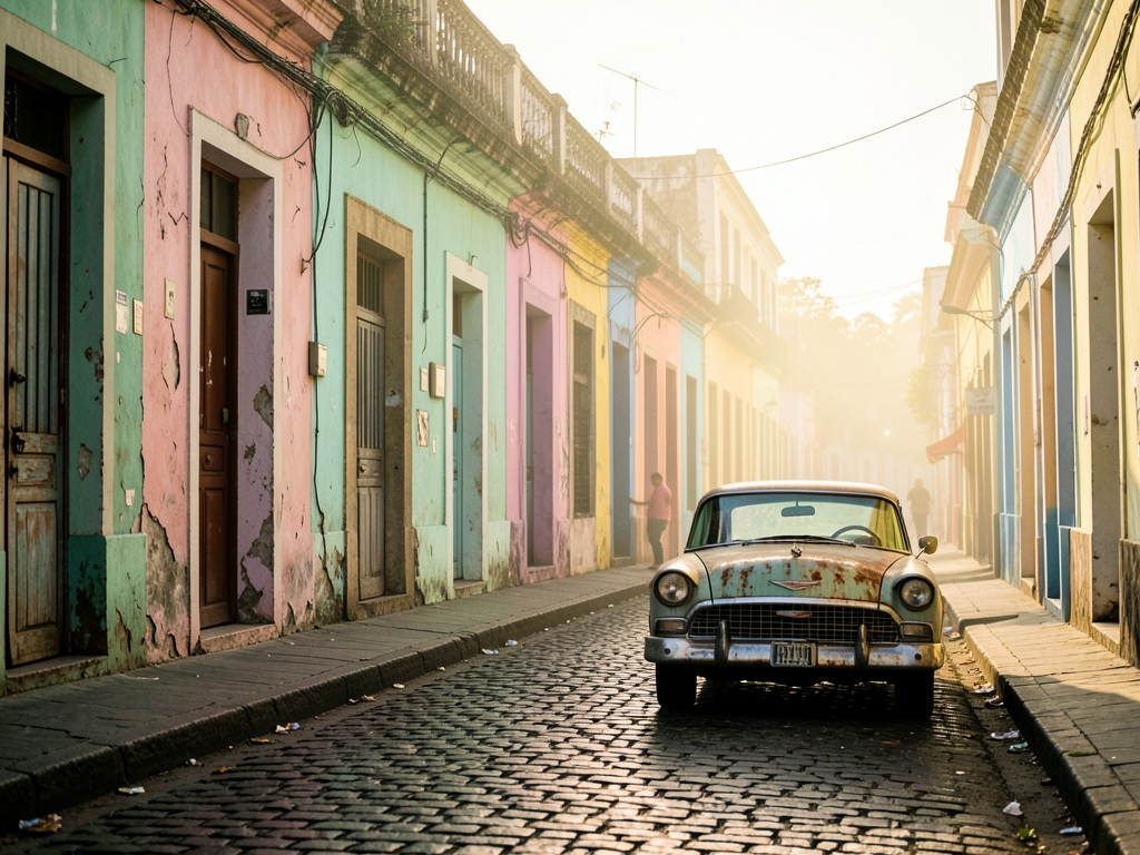 Faded pastel colonial street Havana with cracked stucco