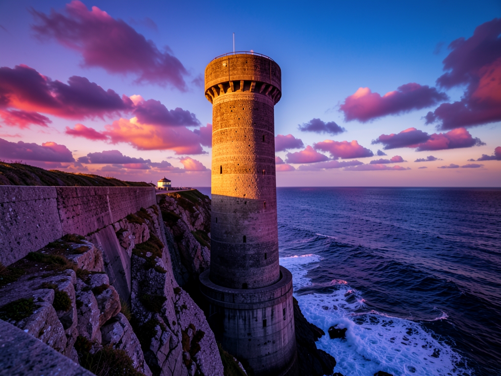 lone concrete observation tower coastal cliff dusk low angle
