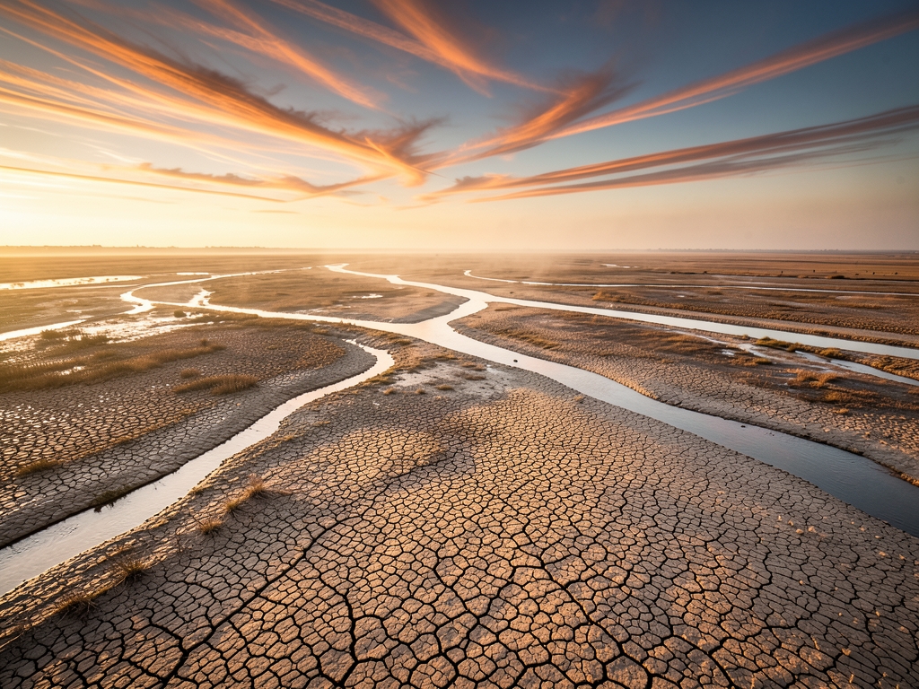 wide aerial view river delta golden hour pale
