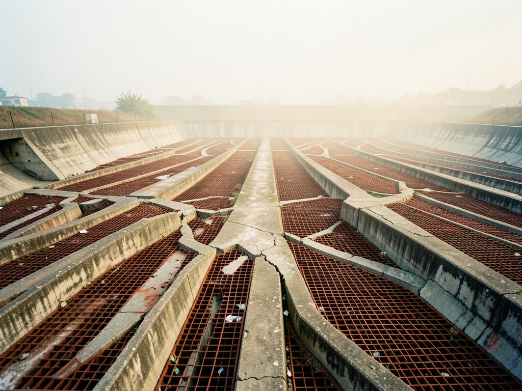 sprawling concrete drainage basin under pale overcast sky