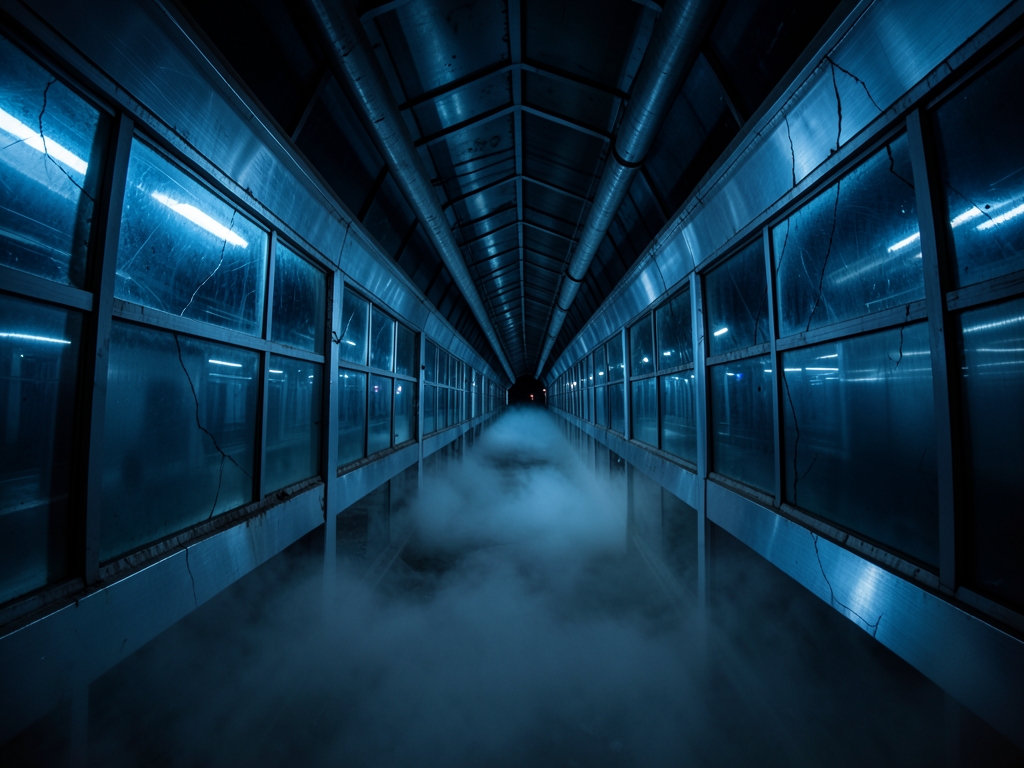 dimly underground tunnel junction glass brushed steel where
