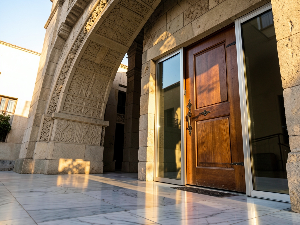 Sunlight streams through grand stone archway onto polished