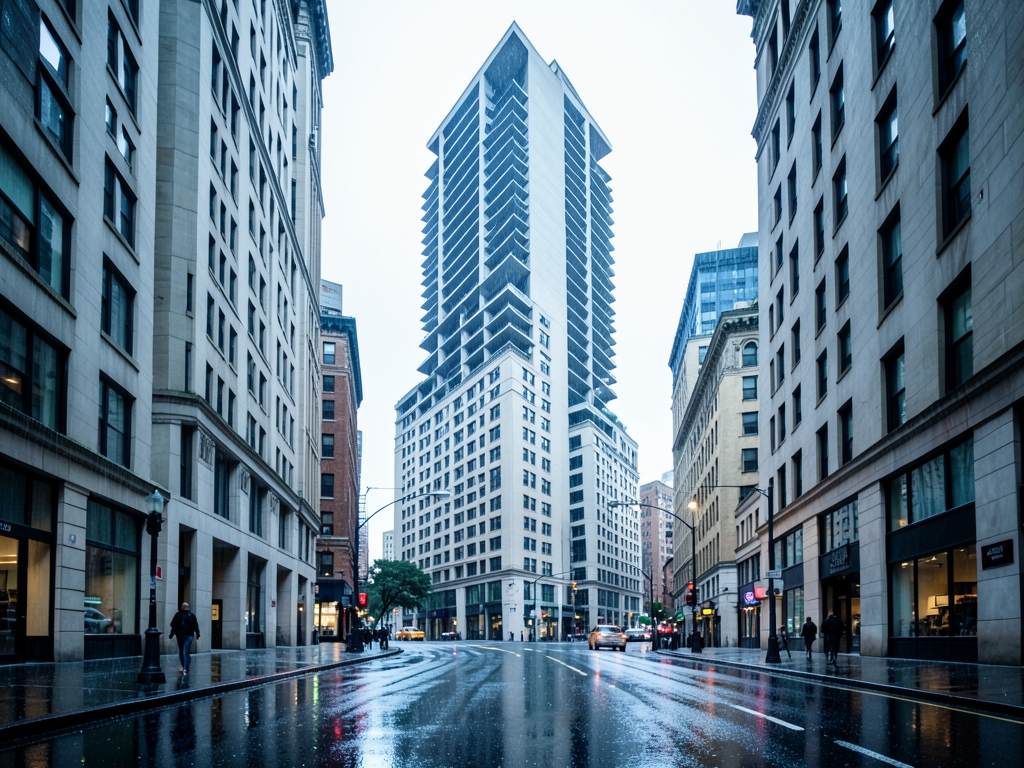 rain soaked street level perspective midtown canyon where setbacks terraces