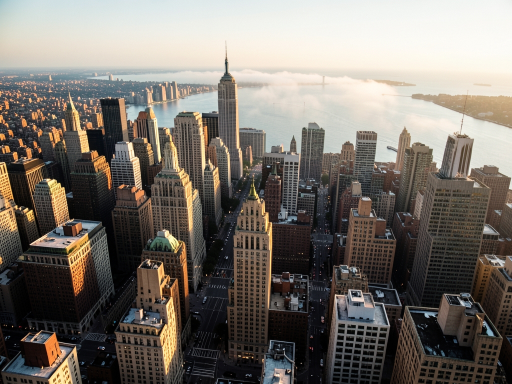 golden hour aerial view Manhattan grid with varied building