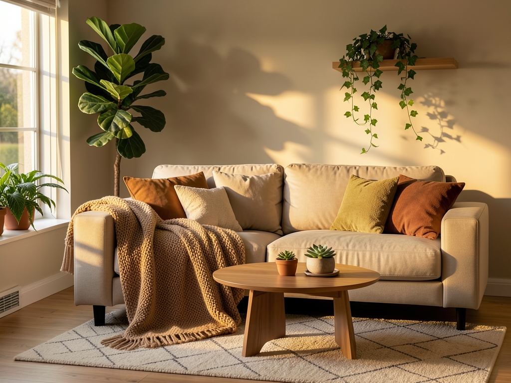 Same living room fully staged with modern sofa