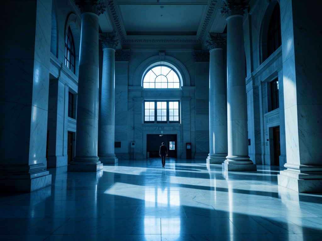 vast empty marble bank lobby dawn with long