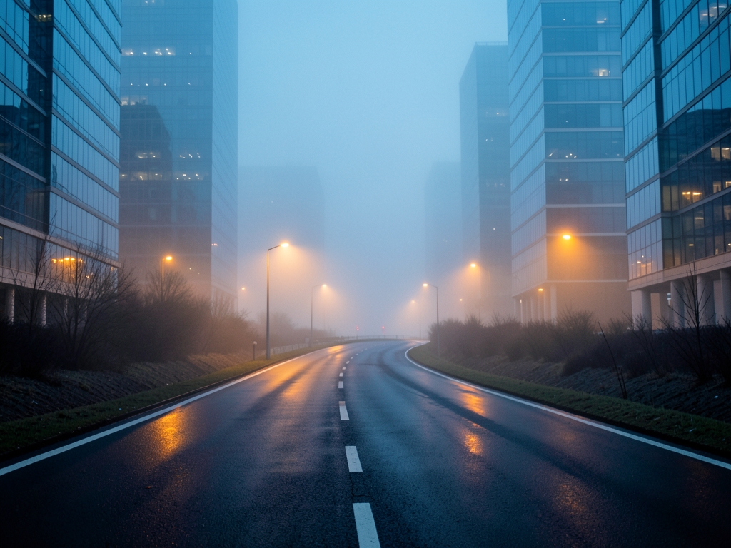 winding asphalt road through foggy barren financial district