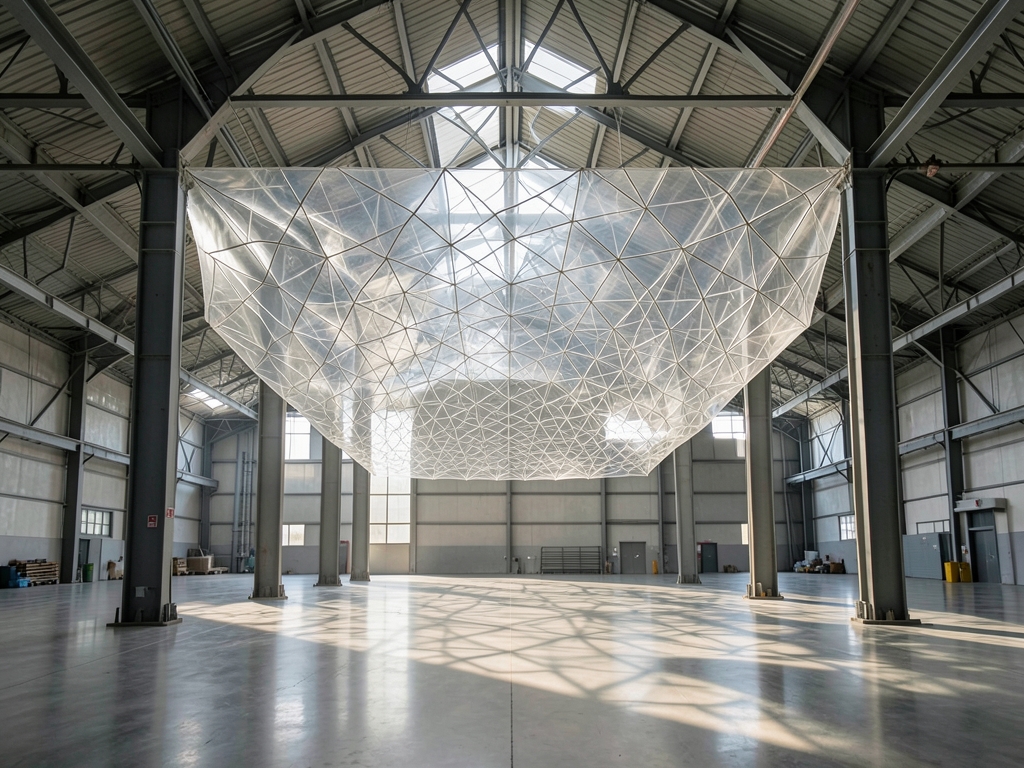 vast industrial hall with translucent geometric mesh suspended