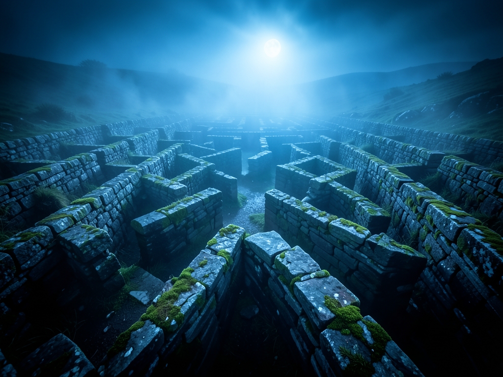 crumbling fragmented stone labyrinth shrouded dense fog with