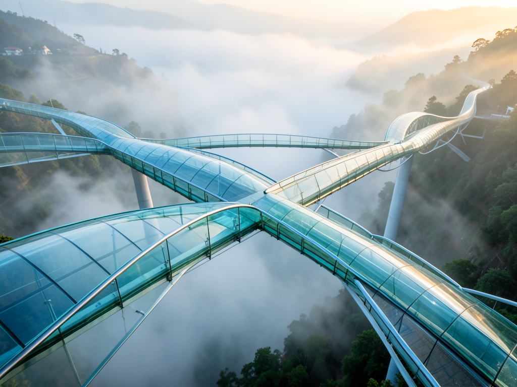 vast network translucent glass bridges spanning misty valley