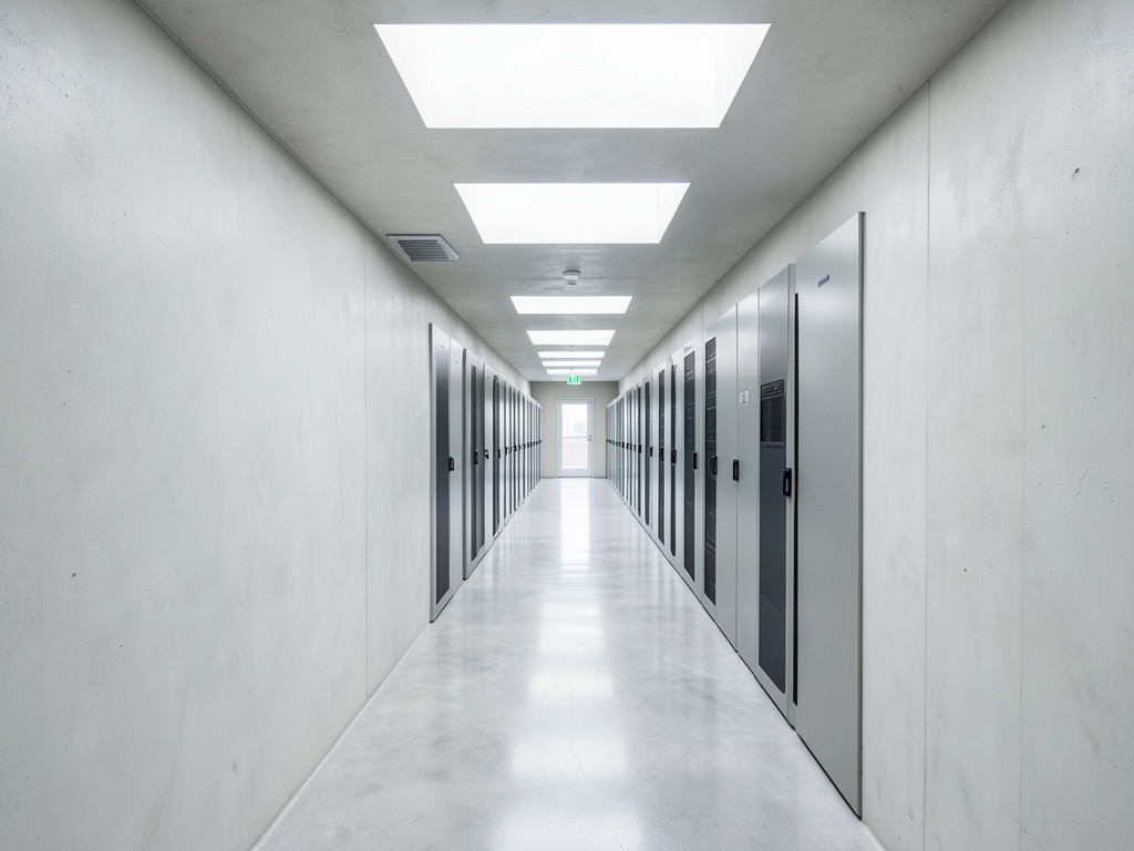 high angle view minimalist data center corridor with pale concrete