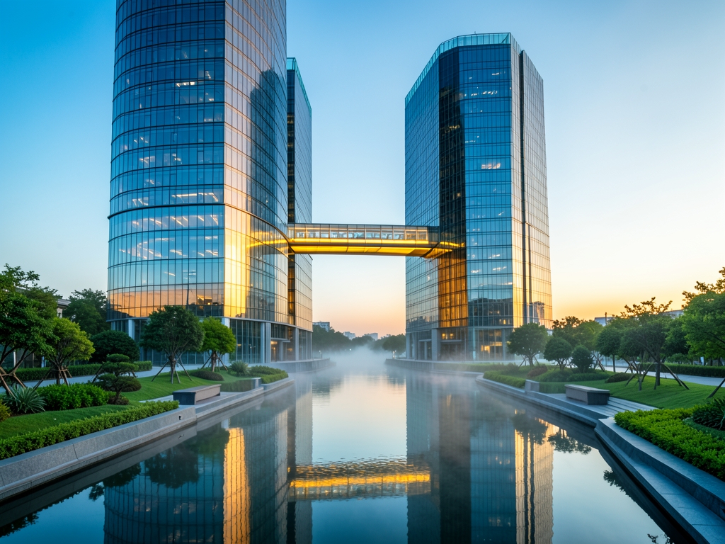 wide shot sleek glass towers connected luminous skybridge