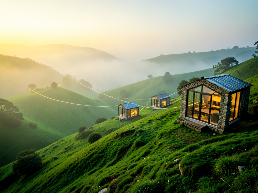 Rolling green hills misty dawn dotted with small