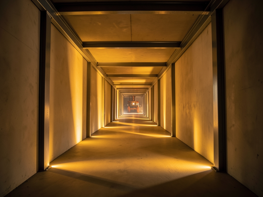 Long underground vault corridor pale concrete brushed steel