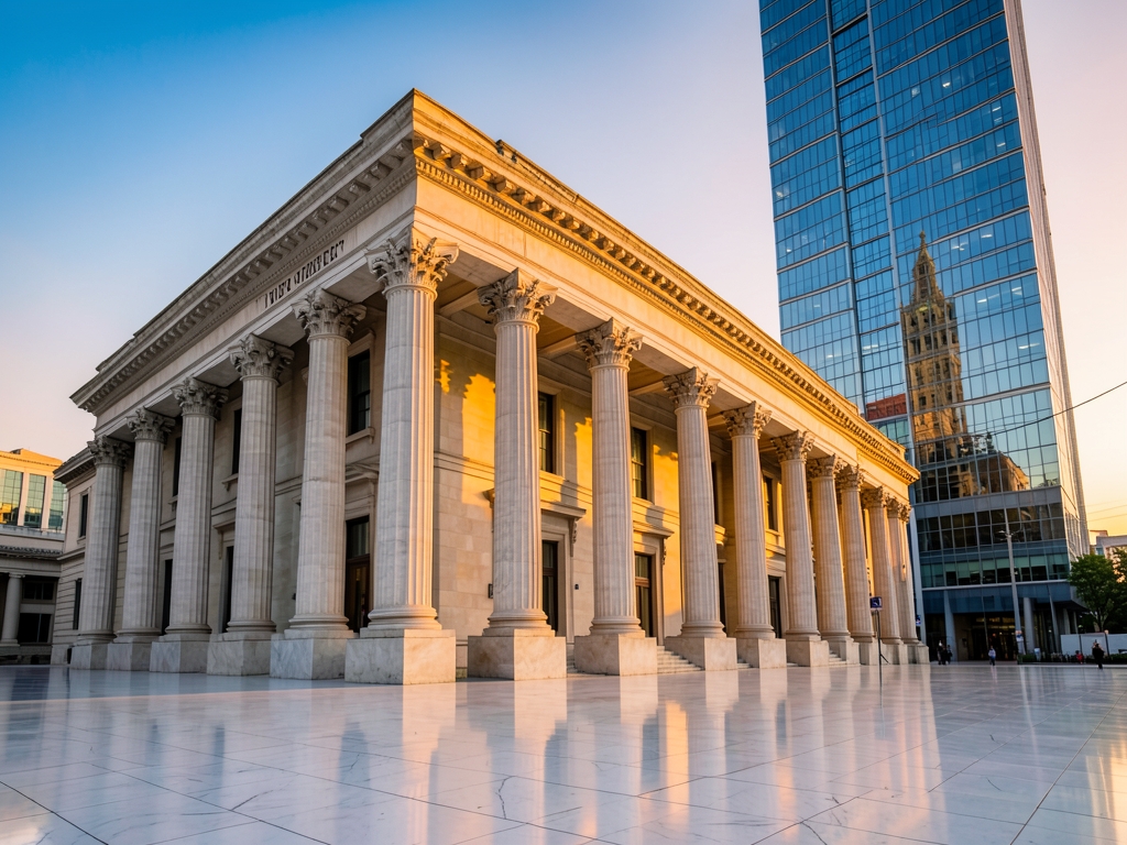 Neoclassical stone bank building with tall columns beside