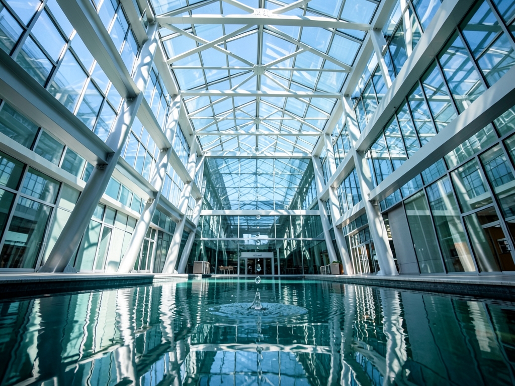 vast sunlit atrium modern financial building polished steel