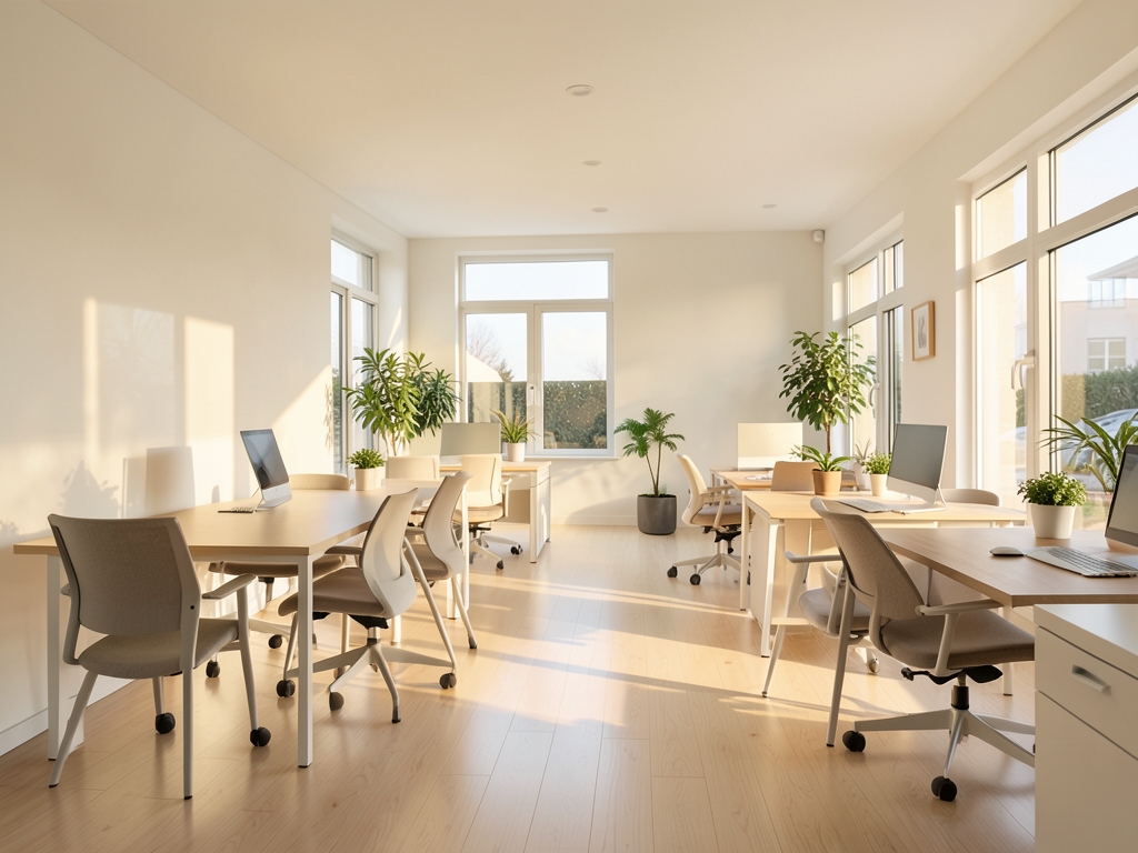 bright open plan office with whitewashed walls pale birch