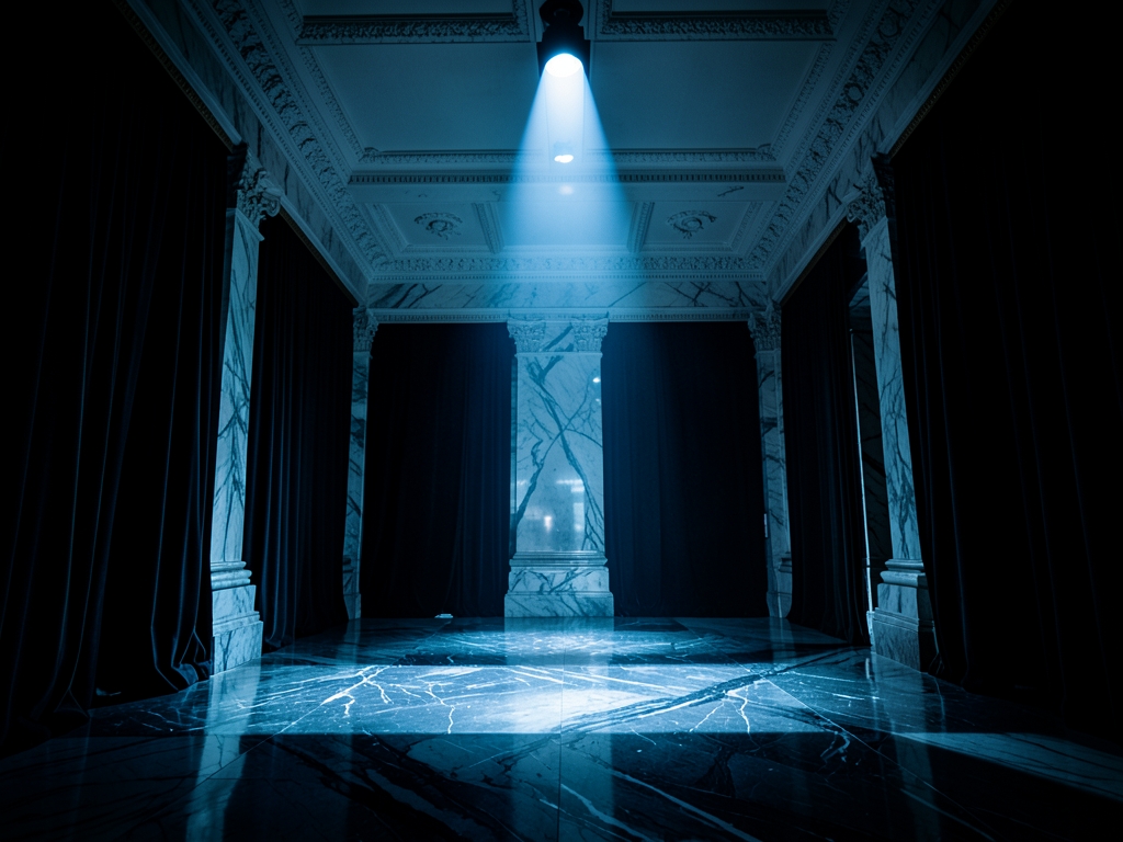 dimly marble lobby with heavy velvet curtains single