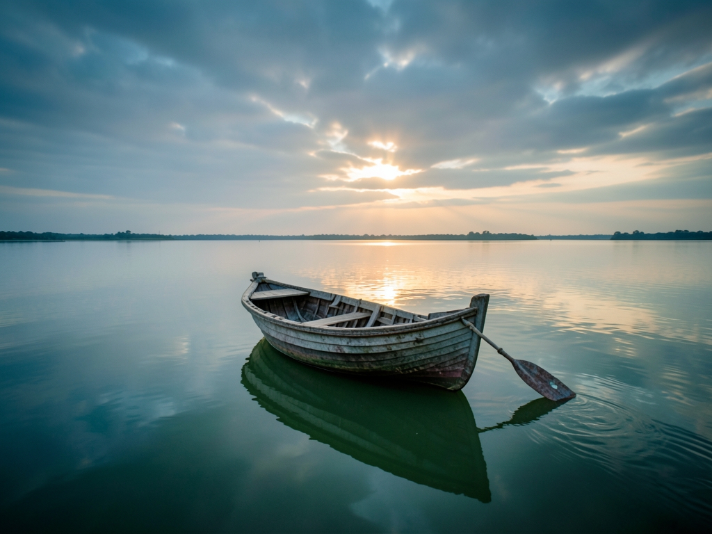 Single small wooden boat vast calm lake golden