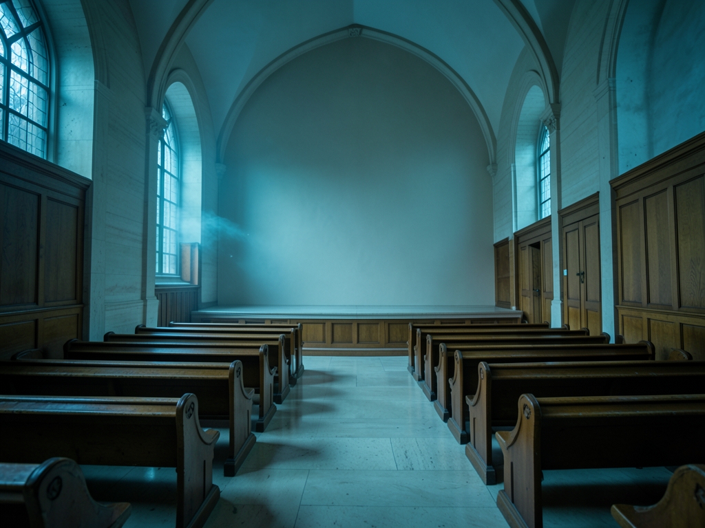 empty high vaulted administrative courtroom built from pale travertine