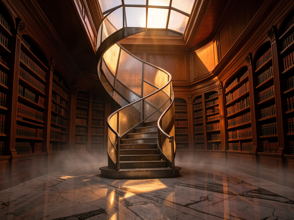 cavernous windowless research library interior with spiralling staircase