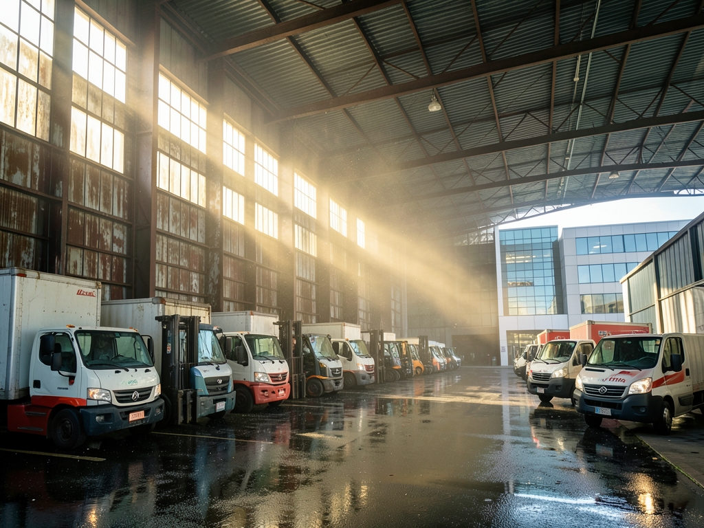 Sunlight streams through misty warehouse windows illuminating dust