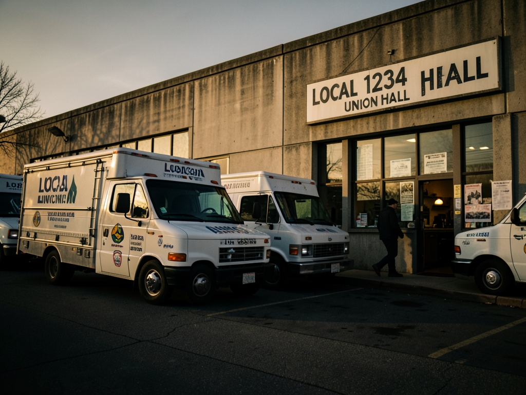 Field service vans parked beside concrete union hall