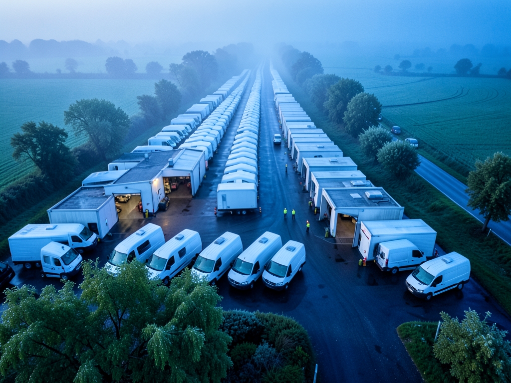 Wide aerial view dawn service depot with rows
