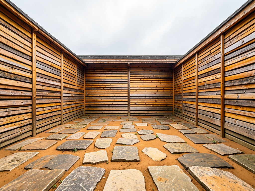 Open stone clay courtyard with stacked timber under