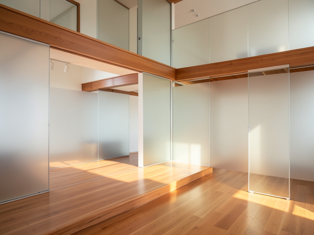 Layered minimalist studio interior with warm wood frosted