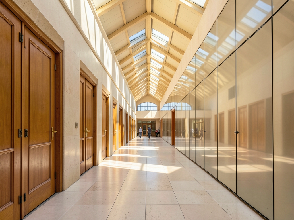 sunlit atrium with parallel corridors lined with identical