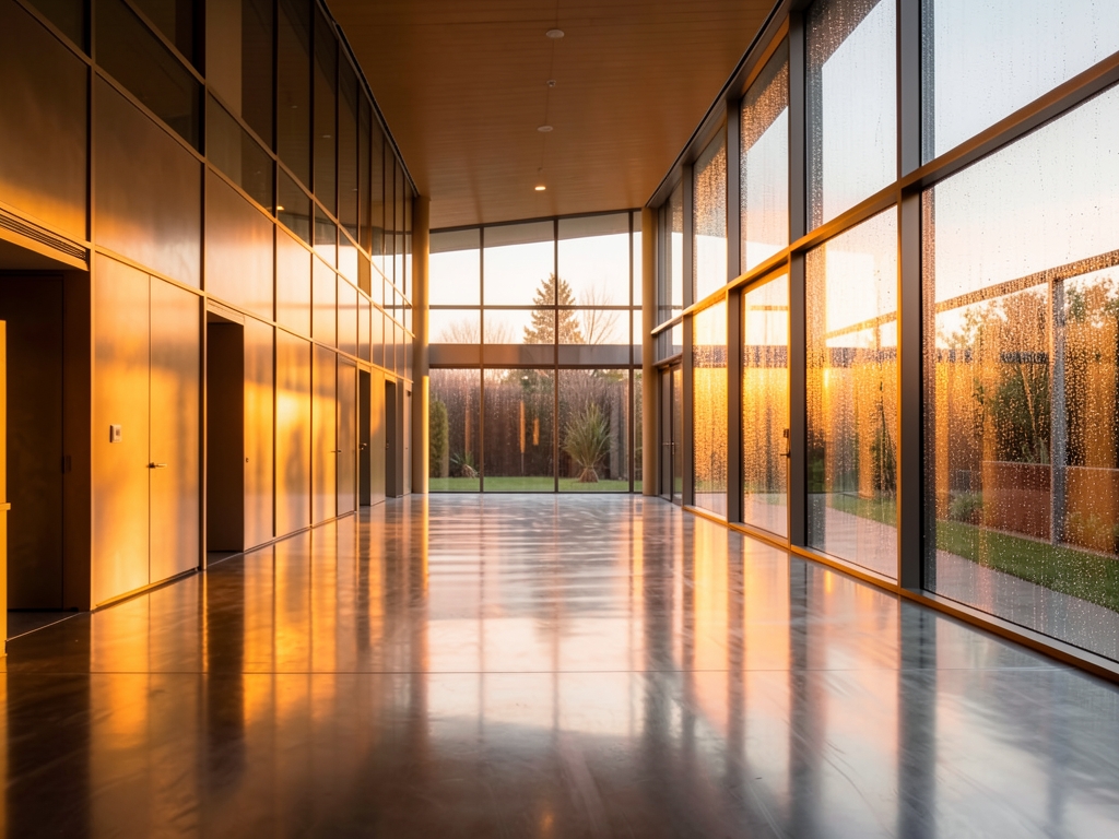 modern open plan hall with polished steel floors warm