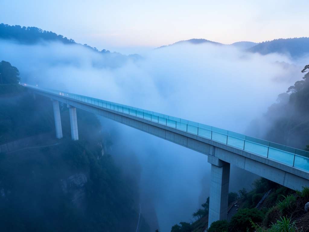 long glass bridge spanning fog filled valley dawn pale