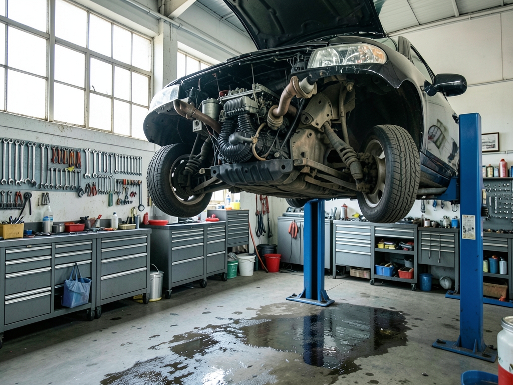 Inside bright auto repair garage with lifted car