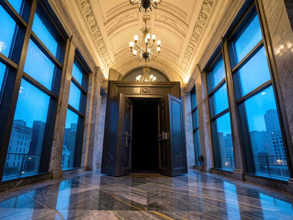 rain streaked marble atrium corporate tower twilight half open vault
