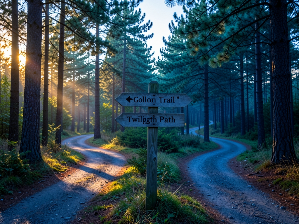 Wide shot winding forest path splitting into distinct