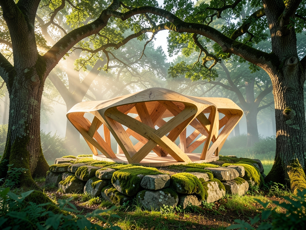 Sun drenched architectural model parametric timber pavilion resting mossy