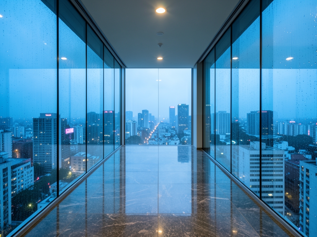 Sleek modern office corridor with glass walls overlooking