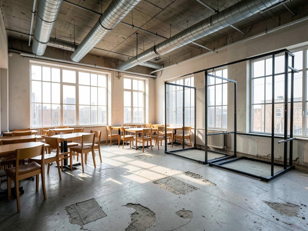 Empty restaurant interior under renovation with exposed ductwork